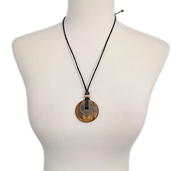 Tigers Eye Necklace Pendant Disc Coin Corded Bohemian Hippie Boho Chic Gypsy - Picture 5 of 16